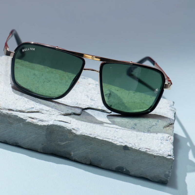 Rellter Charlie A-4413 Golden Green Rectangle Sunglasses