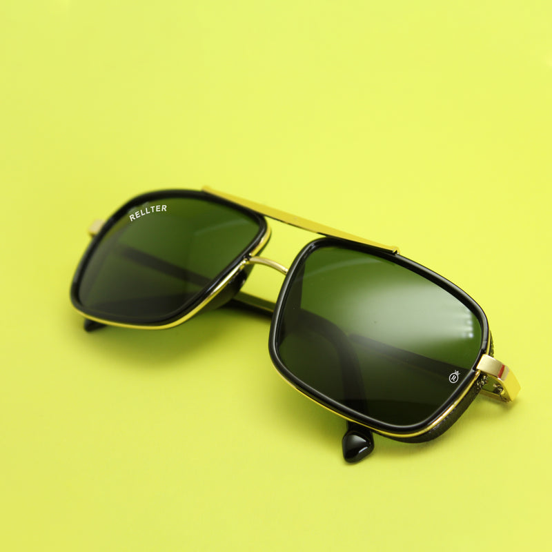 Rellter Charlie A-4413 Golden Green Rectangle Sunglasses